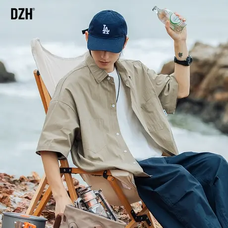男士卡其色休闲短袖衬衫男夏季男款寸衣男生外套韩版潮流夏装衬衣商品大图