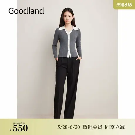 Goodland美地秋季格雷系撞色毛针织衫坑条肌理上衣商品大图
