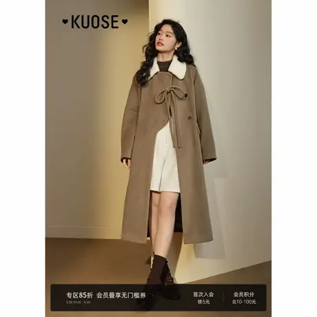 阔色浅棕色长款毛呢外套女2024秋冬季新款羊羔毛绒翻领呢子大衣商品大图