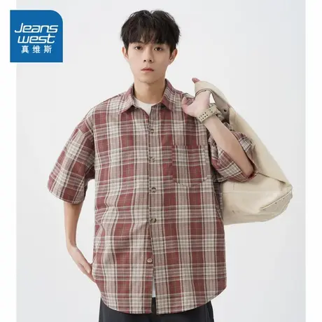 D4真维斯男装 2025夏季新品 男式休闲简约舒适格子短袖翻领衬衫商品大图