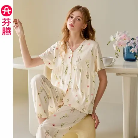芬腾纯棉短袖睡衣女夏季新款V领套装休闲宽松加大码可外穿家居服商品大图