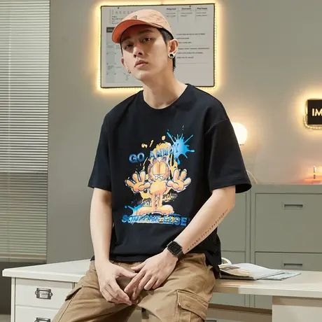 [加菲猫联名]唐狮春夏短袖T恤男士宽松趣味潮流白色上衣ins衣服商品大图