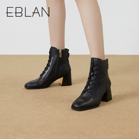 伊伴秋冬女鞋2022新款女靴休闲法式时装靴粗跟系带马丁靴皮靴短靴图片