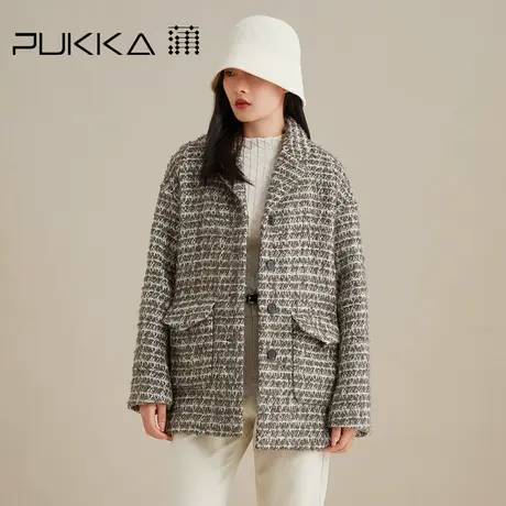 蒲PUKKA 毛呢外套粗花呢格纹大口袋短款冬季大衣女中长款商品大图