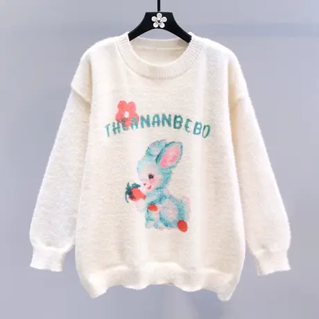 日系卡通兔子印花圆领毛衣女秋冬2023新款宽松慵懒风软糯针织上衣商品大图