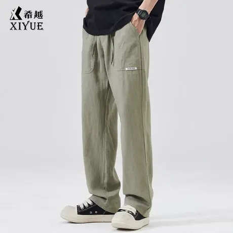 透气棉麻休闲裤男直筒夏季新款宽松大码绿色薄款百搭工装裤子男士图片