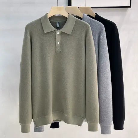 美式复古仿羊绒翻领T恤长袖针织衫秋冬宽松商务POLO领毛衫男毛衣商品大图