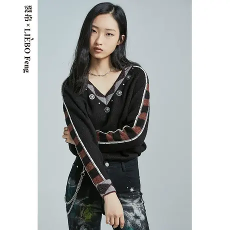 裂帛LIEBOFeng原创设计2023年复古撞色条纹刺绣长袖毛衣女商品大图