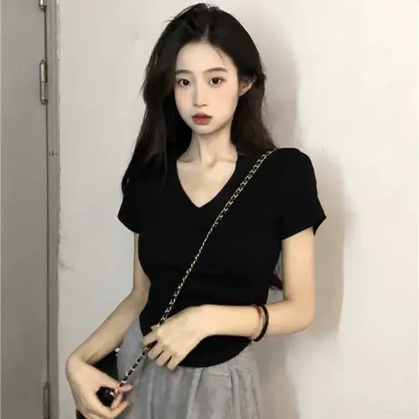 纯欲V领短袖T恤女设计感小众夏季辣妹别致修身小个子短款上衣ins商品大图