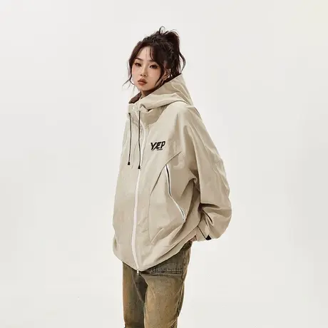 YEP设计感户外工装连帽春秋外套女2023年新款潮牌爬山宽松夹克商品大图