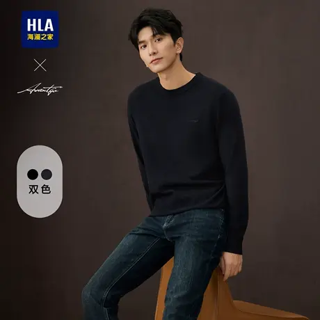 HLA/海澜之家轻商务时尚圆领针织衫25秋新字母刺绣保暖黑色毛衣男商品大图