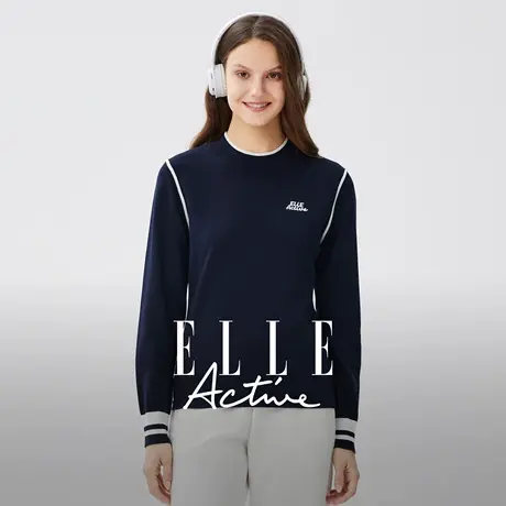 【团】ELLE Active藏青色半高领针织衫2025秋冬新款毛织上衣商品大图