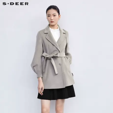sdeer圣迪奥女装西装领收腰泡泡袖短款毛呢大衣S224Z2606商品大图