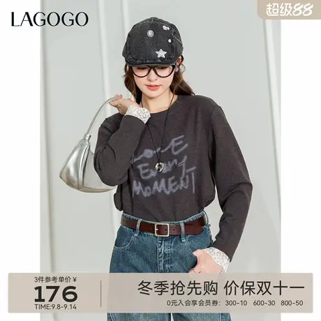 【保暖抗菌】LAGOGO字母印花T恤女拉谷谷2025年冬季新款宽松上衣图片
