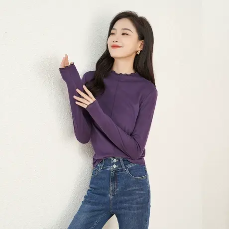 娅丽达洋气百搭醋酸紫色t恤女秋2025新款女装内搭亲肤羊毛打底衫商品大图