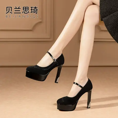 真皮一字带圆头厚底粗跟单鞋女2025春秋走秀模特防水台超高跟单鞋商品大图