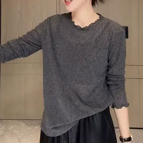 木耳边套头长袖t恤女装2025新款早秋季内搭打底衫巨好看轻熟上衣商品大图