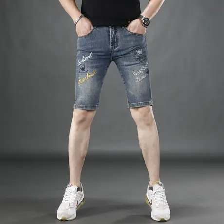 男士牛仔裤短裤男款刺绣夏季薄款修身2025新款韩版潮流休闲裤子商品大图