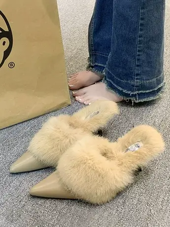 网红小香风尖头毛毛拖鞋女外穿2023秋冬季新款办公室棉拖鞋穆勒鞋图片