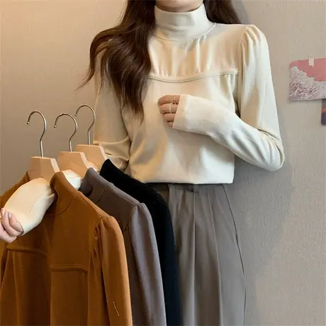 半高领德绒长袖t恤打底衫女2023新款内搭秋冬季修身显瘦正肩上衣商品大图