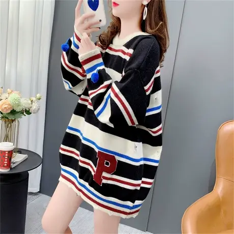 设计感破洞条纹圆领毛衣女套头2022年新款秋冬宽松bf复古打底上衣商品大图