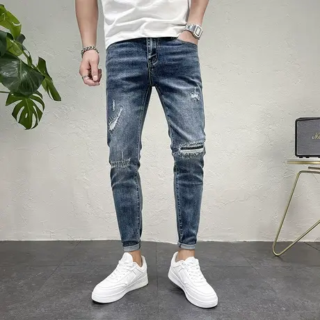 牛仔裤男2023新款破洞补丁贴布潮牌裤子男款秋季修身小脚牛仔长裤图片
