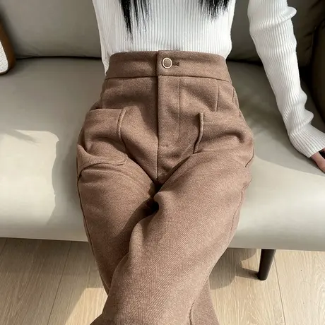 羊绒毛呢窄版阔腿裤女2023秋冬季新款高腰松紧加厚休闲直筒长裤商品大图