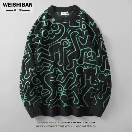 潮流保暖小昵绒圆领毛衣男士秋冬个性提花慵懒风加厚套头针织衫男商品大图