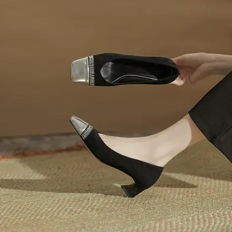 粗跟单鞋女2023年新款方头水钻浅口软皮单鞋不累脚通勤职业工作鞋商品大图