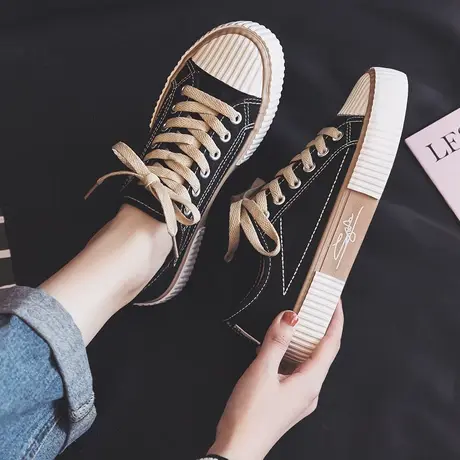 2023新款春季帆布鞋女鞋韩版ulzzang复古港风板鞋百搭休闲小黑鞋商品大图