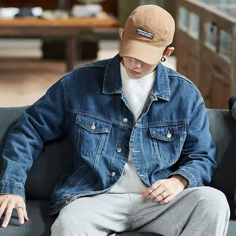 唐狮春秋牛仔外套男韩版潮流宽松帅气外套青少年黑色牛仔夹克商品大图