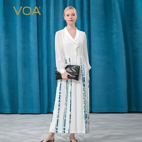 VOA重磅真丝30姆米牛奶白青果领灯笼长袖OL百搭宽腿桑蚕丝连身裤图片