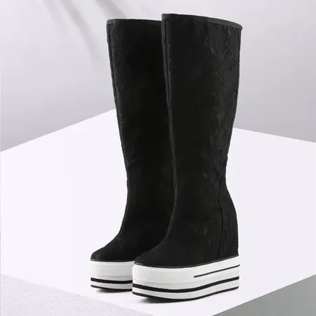 13cm内增高长靴女蕾丝透气网靴黑色真皮厚底松糕高跟不过膝高筒靴图片