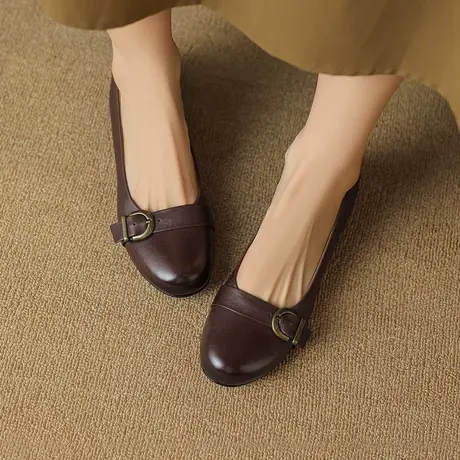 圆头平跟单鞋女2023年新款真皮女鞋四季鞋一脚蹬百搭复古女士鞋子商品大图