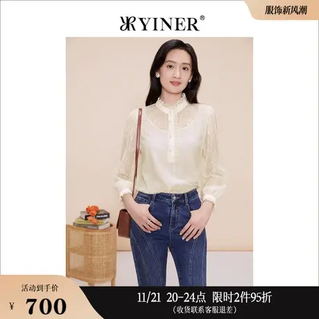 YINER音儿线上专选女装2023春季蕾丝网纱拼接衬衫木耳花边上衣商品大图