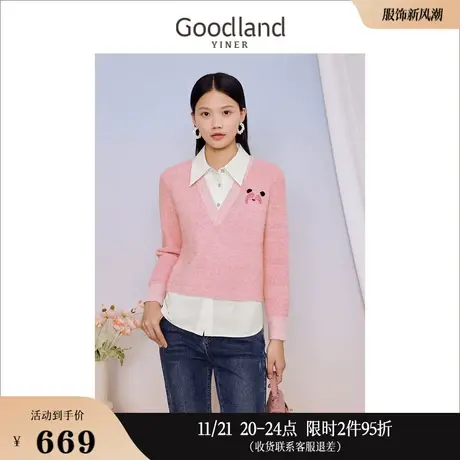 Goodland美地女装2023秋季轻甜绣花POLO领假两件针织衫套头商品大图