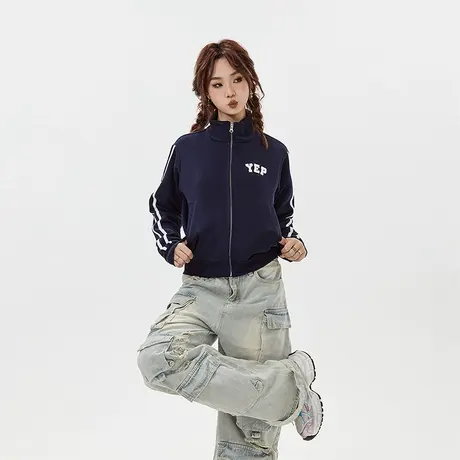 YEP美式短款运动外套女春秋2023新款条纹修身开衫卫衣ins潮牌上衣商品大图