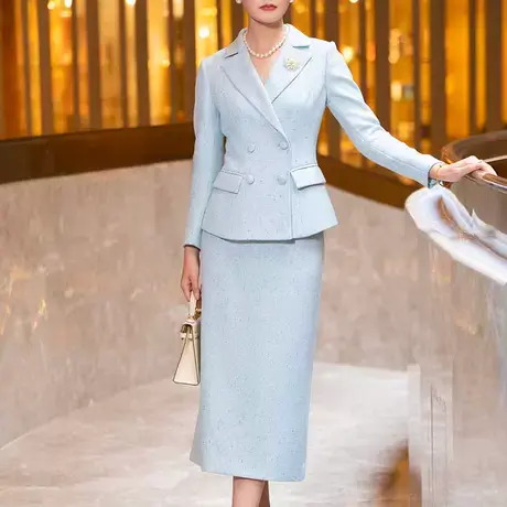 蓝色小香风套装裙女春秋2024新款气质端庄修身显瘦长袖西装两件套商品大图