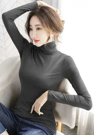 2023秋冬季新款白色内搭加绒德绒洋气半高领打底衫长袖t恤女上衣图片