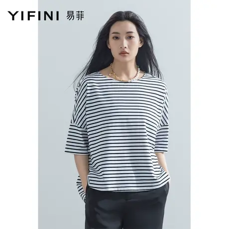 Yifini/易菲圆领宽松条纹落肩短袖T恤女夏季新款百搭时尚针织商品大图