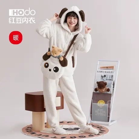 红豆女士睡衣泡泡绒加厚冬季保暖连帽居家珊瑚绒休闲家居服套装女商品大图