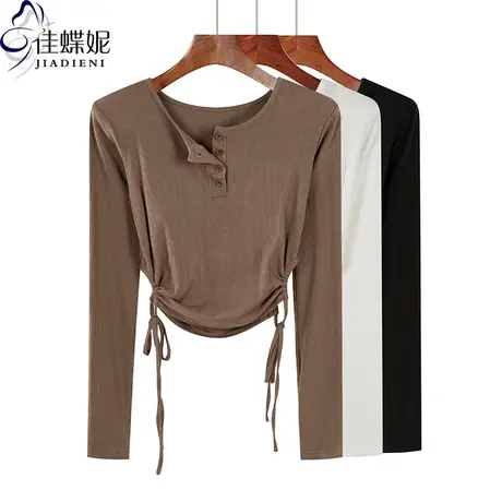 秋季新款韩版圆领纯棉修身显瘦短款抽绳纯色长袖体恤上衣内搭女装商品大图