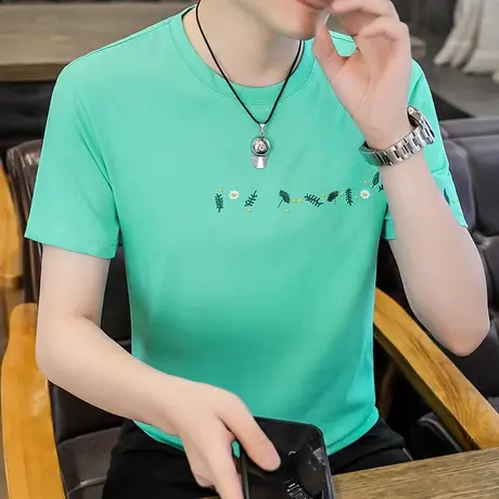 夏装圆领刺绣男T恤韩版潮流刺绣青年短袖打底衫纯棉休闲汗衫男装商品大图