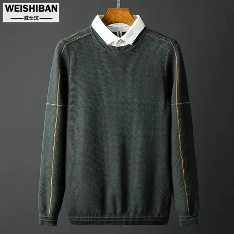 秋季假两件毛衣男衬衫领韩版潮流青年套头撞色毛线衣男打底针织衫图片