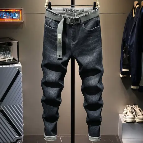 秋冬季蓝黑色牛仔裤男修身小脚百搭男士休闲长裤子男装显瘦高档款图片