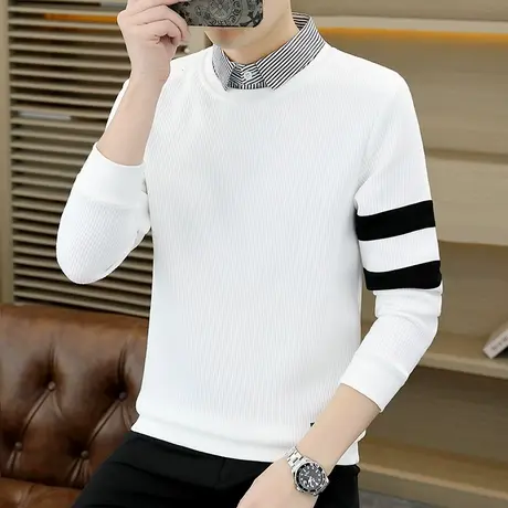 秋冬季潮流衬衫领长袖t恤男士假两件带领卫衣条纹POLO打底衫衣服商品大图