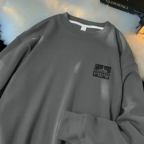 350g重磅灰色卫衣男生秋冬款宽松潮流百搭无帽长袖t恤圆领上衣服商品大图