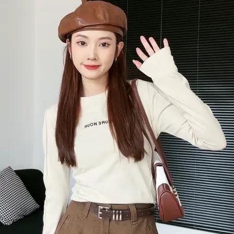 尔给植绒圆领气质修身显瘦内搭打底衫女2023新款秋冬长袖短款上衣图片