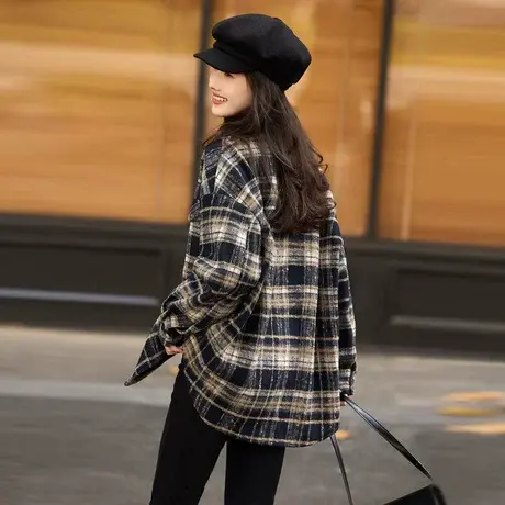 时尚气质外套2023年冬季新款女百搭高级宽松格子复古加厚款上衣商品大图