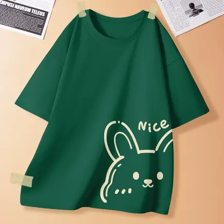 短袖t恤女夏季纯棉宽松上衣2023新款圆领小众森林绿半袖体恤夏装商品大图